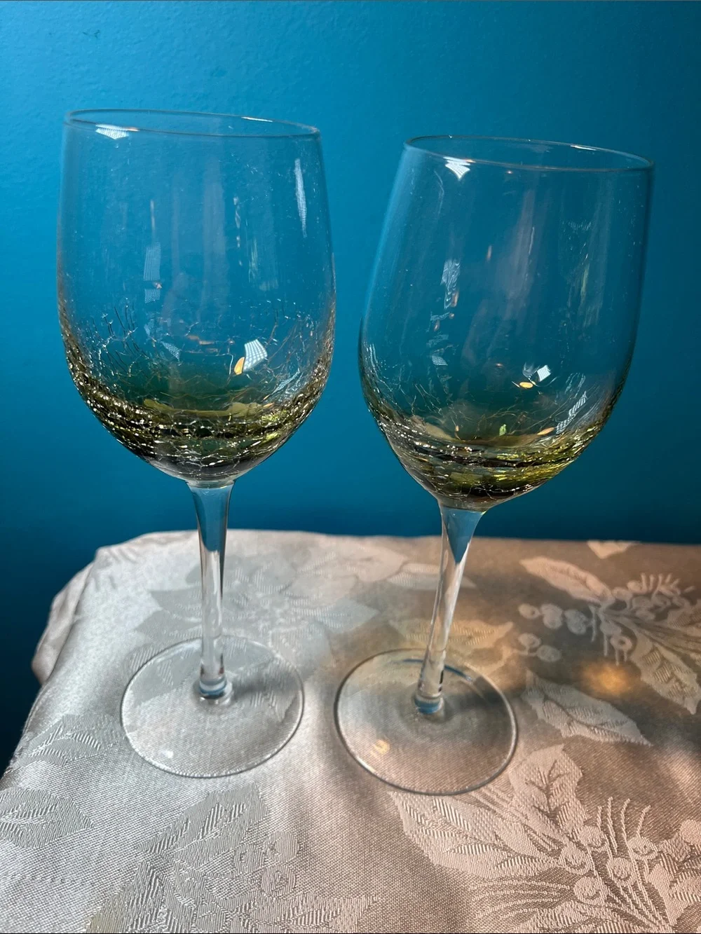 Pier 1 Olive Green Crackle Stem Wine Glasses (Set of 2)